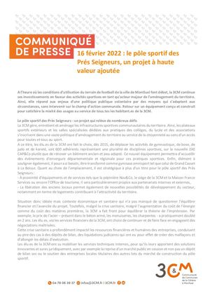 Communiqué De Presse : Le Pôle Sportif Des Prés Seigneurs, Un Projet à Haute Valeur Ajoutée