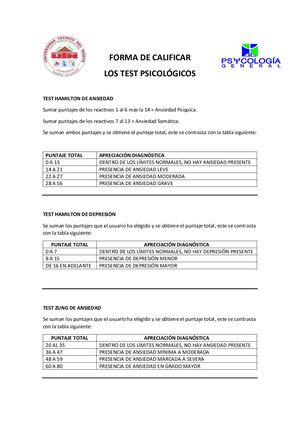 Forma De Calificar Test Psicológicos (Hamilton, Zung, SRQ)