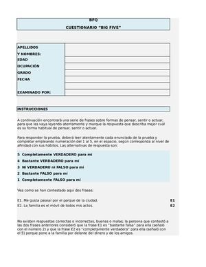 INSTRUMENTO DE EVALUACIÓN, PRUEBA PSICOMETRICA, TEST - BIG FIVE