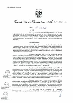 Resolución De Contraloría Nº 001 2022 Cg Auditoría De Cumplimiento