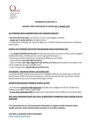 Assegno Unico Universale Sintesi Lavoratori Uneba 21022022