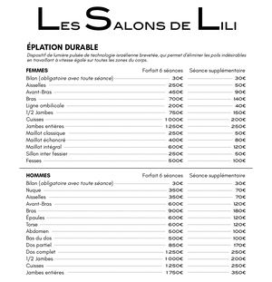 LES SALONS DE LILI - TARIFS EPILATION DURABLE 2022