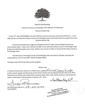 Baby deed Birth certficate bree