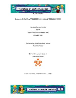 Planeacion 7 Evidencia 5 Manual, Procesos Y Procedimientos Logisticos