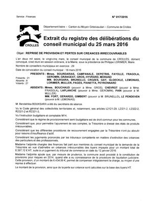 Crolles Deliberation 17 2016 3 Reprise De Provision Et Pertes Sur Cr Ances Irr Couvrables