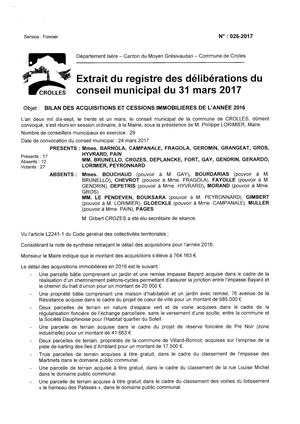 Crolles Deliberation 26 2017 3 Bilan Des Acquisitions Et Cessions Immobili Res De L Ann E 2016