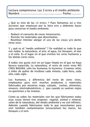Lectura Comprensiva  Las 3 Erres Y El Medio Ambiente