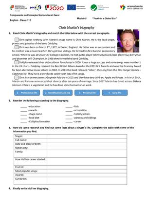 Chris Martin Biography Worksheet