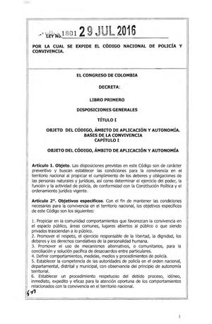 Ley 1801 Codigo Nacional Policia Convivencia