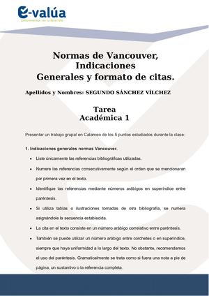Tarea #1 Normas De Vancouver, Indicaciones Generales Y Formato De Citas