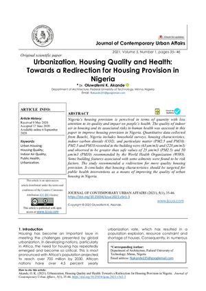 Urbanization, Housing Quality and Health: Towards a Redirection for Housing Provision in Nigeria