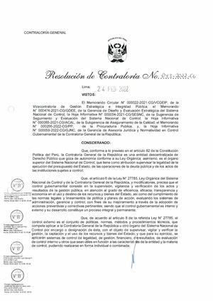 Rc 043 2022 Cg Modificar Los Numerales Y Anexos De La De La Directiva 007 2021 Cg Norm Servicio De Control Específico A Hechos Con Presunta Irregularidad, De 24 Feb 2022