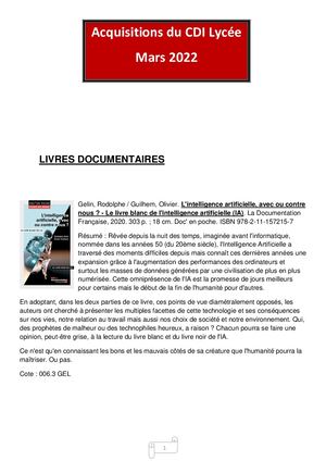 Acquisitions Du Cdi Lycée Mars 2022