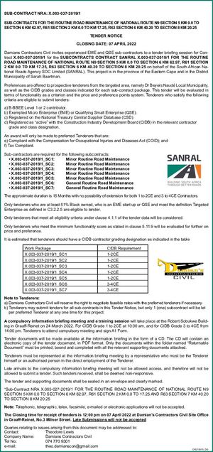 Tender notice: Damian's Contractors