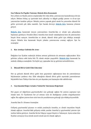 Son Yılların En Popüler Yatırımı Dolarla Kira Kazanmak