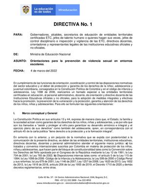Directiva Ministerial 01 Del 4 De Marzo Del 2022