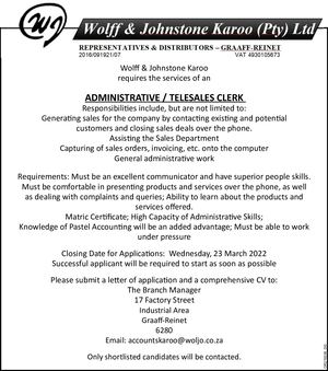 Vacancy: Wolff & Johnstone Karoo