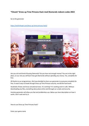 Cheats Dress Up Time Princess Hack Mod Diamonds Redeem Codes 2022 Docx