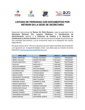 Listado De Personas Con Documentos Por Retirar En La Sede De Secretaría Marzo 17 2022
