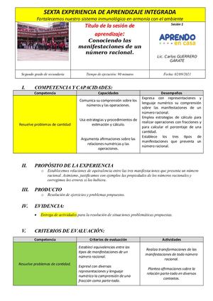 Exp. Aprend. N°6 -  Semana 1 -  Sesión De Aprendizaje