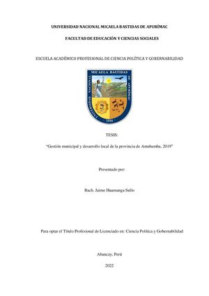 Tesis “Gestión Municipal Y Desarrollo Local De La Provincia De Antabamba, 2019”