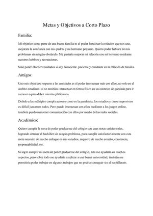 Proyecto De Vida Metas Y Objetivos A Corto Plazo
