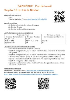 S4 10 Plan De Travail Lois de Newton