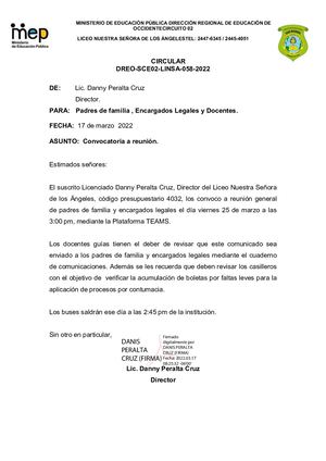 Circular 58 Convocatoria Reunión Padres De Familia