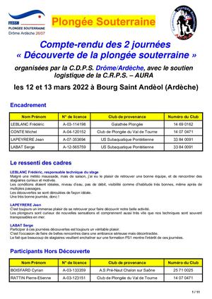 CR Journées Découverte CDPS 26/07 Plongée Sout Mars 2022