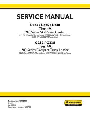 New Holland C238 TIER 4 Compact Track Loader Service Repair Manual Instant Download [NCM425510 - ].