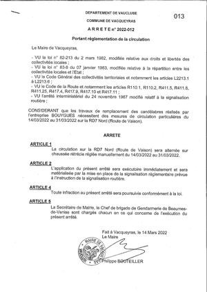 Arrete Rte De Vaison 24 Mars 2022