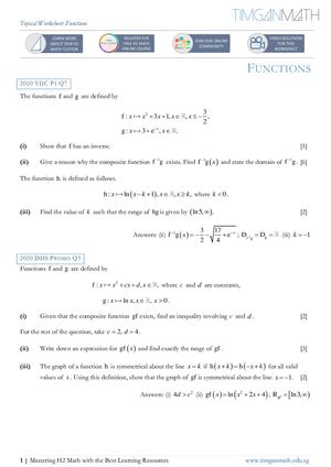 H2 Math Topical Worksheet (Functions)