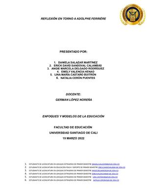 Relatoria Enfoques Y Modelos A La Educacion Adolphe Ferriére
