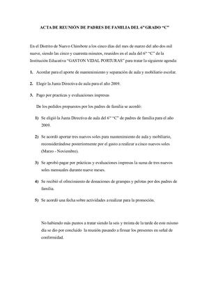 Acta De Reunion De Padres De Familia Del 6to Grado