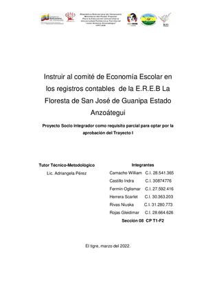 Instruir al comité de Economía escolar en los registros contables de la E.R.E.B, La Floresta San José de Guanipa, Estado Anzoátegui