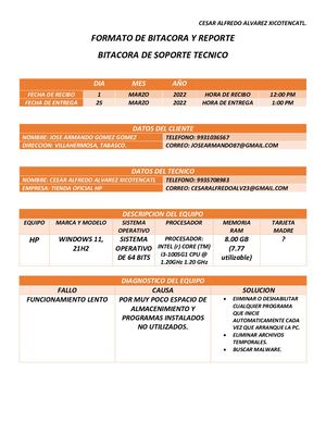 Bitácora de un reporte técnico.
