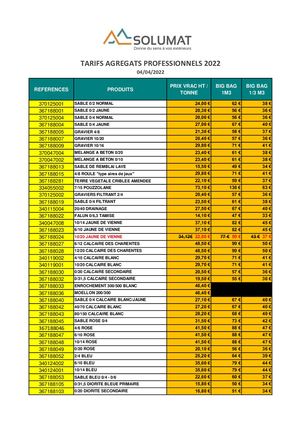 Tarifs 2022 Professionnels