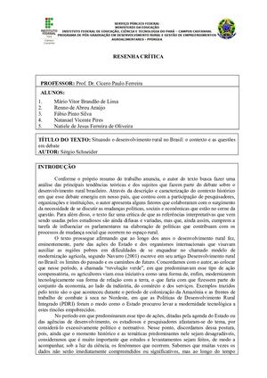 Resenha Crítica do Artigo: Situando O Desenvolvimento Rural No Brasil O Contexto E As Questões Em Debate