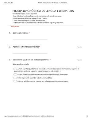 Tarea Prueba Diagnóstica De Lengua Y Literatura Formularios De Google