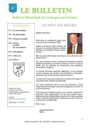 Le Bulletin Municipal N°58 La Roque sur Pernes Avril 2022