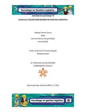 Aaa 10 Evidencia 5 Taller Indicadores De Gestion Logistica