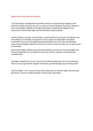 Bölgelere Göre Farklı Ekonomik Faaliyetler