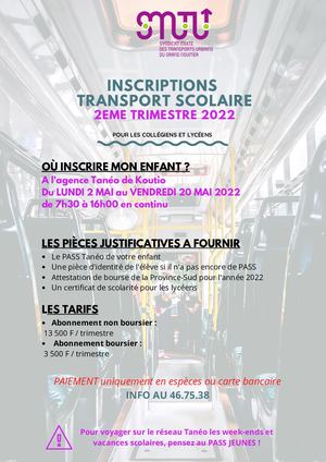 Inscriptions au Transport Scolaire 2ème trimestre 2022