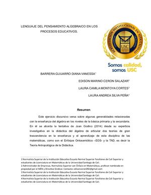 Lenguaje Del Pensamiento Algebraico En Los Procesos Educativo