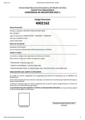 Constancia De Inscripción Cepre