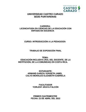 Educación Inclusiva (Rol Del Docente, De La Institución, De La Comunidad) En Costa Rica