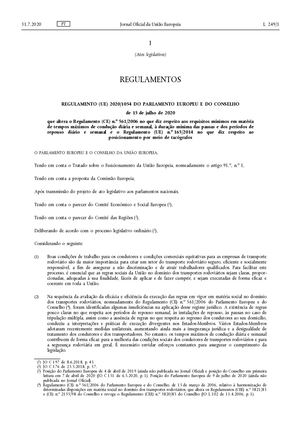 Regulamento 1054 2020 da UE - Tacógrafos e Tempos de Condução