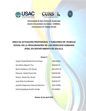 ÁREA DE ACTUACIÓN PROFESIONAL Y FUNCIONES DE TRABAJO SOCIAL EN LA PROCURADURÍA DE LOS DERECHOS HUMANOS (PDH), EN DEPARTAMENTO DE SOLOLÁ.