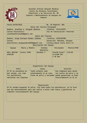 Bitacora De Soporte Tecnico De Mantenimiento De Pc