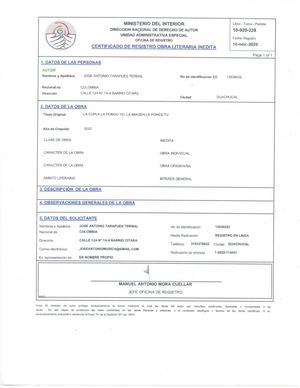 Certificado De Registro De Obra Literaria Inedita